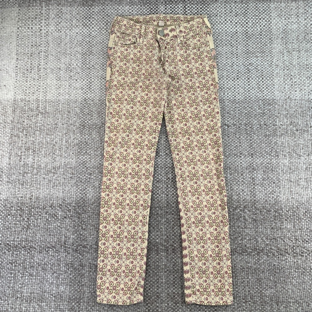 True Religion Floral Pants Womens 24 Cream Pink Low Rise Slim Straight USA Made